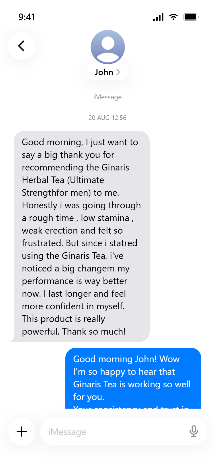 Customer message thanking us after using Ginaris Herbal Tea